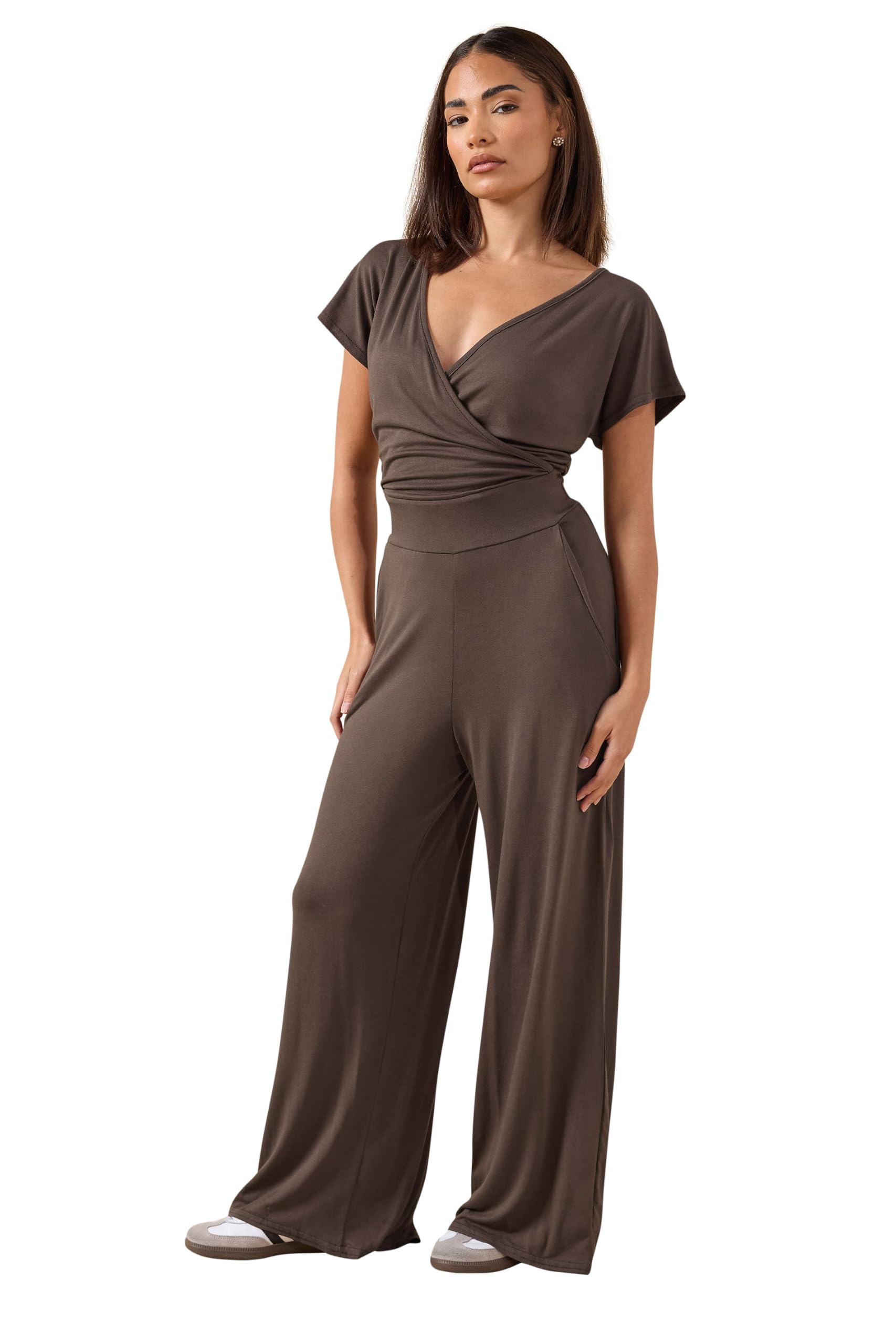 PixieGirl Petite Chocolate Brown Wrap Wide Leg Jumpsuit Petite
