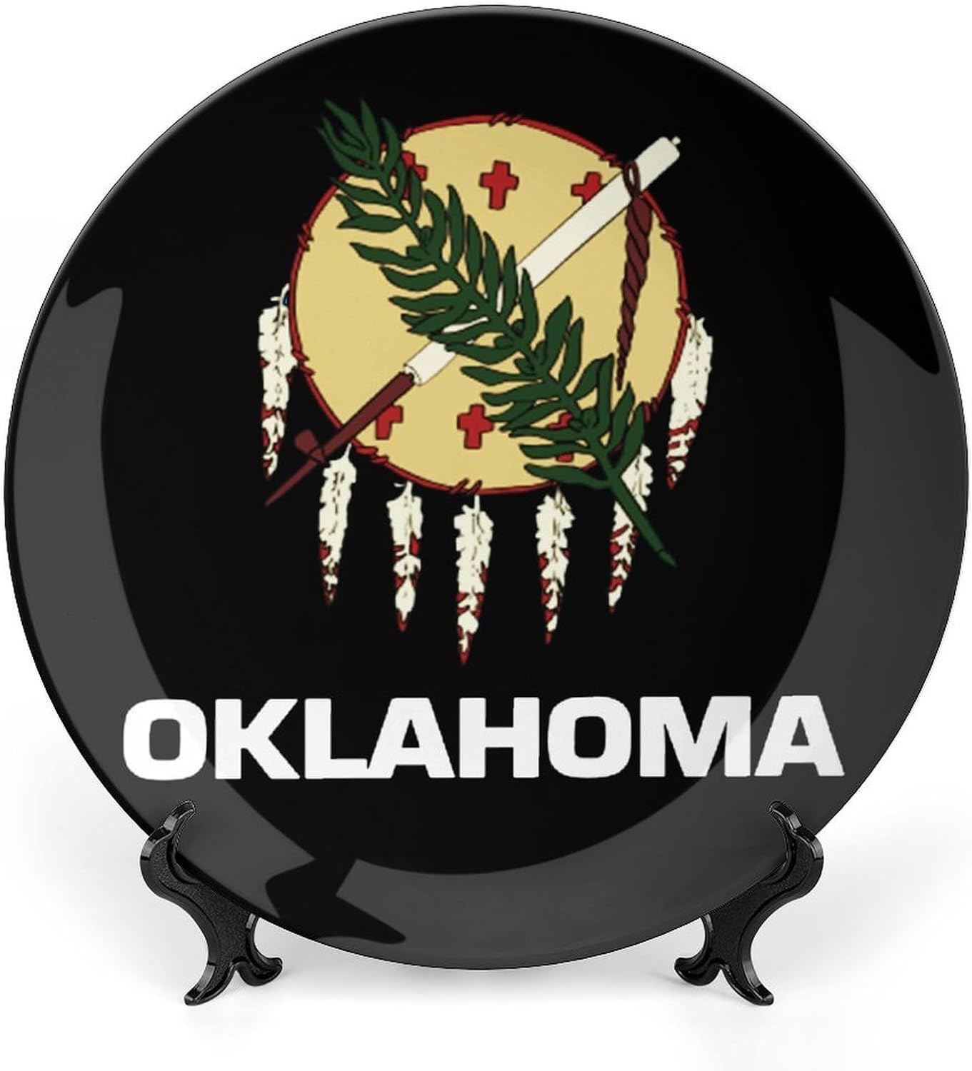 Oklahoma State Flag Ceramic Decorative Plates Ornaments with Display Stand for Home Office Wall Decor 8inch