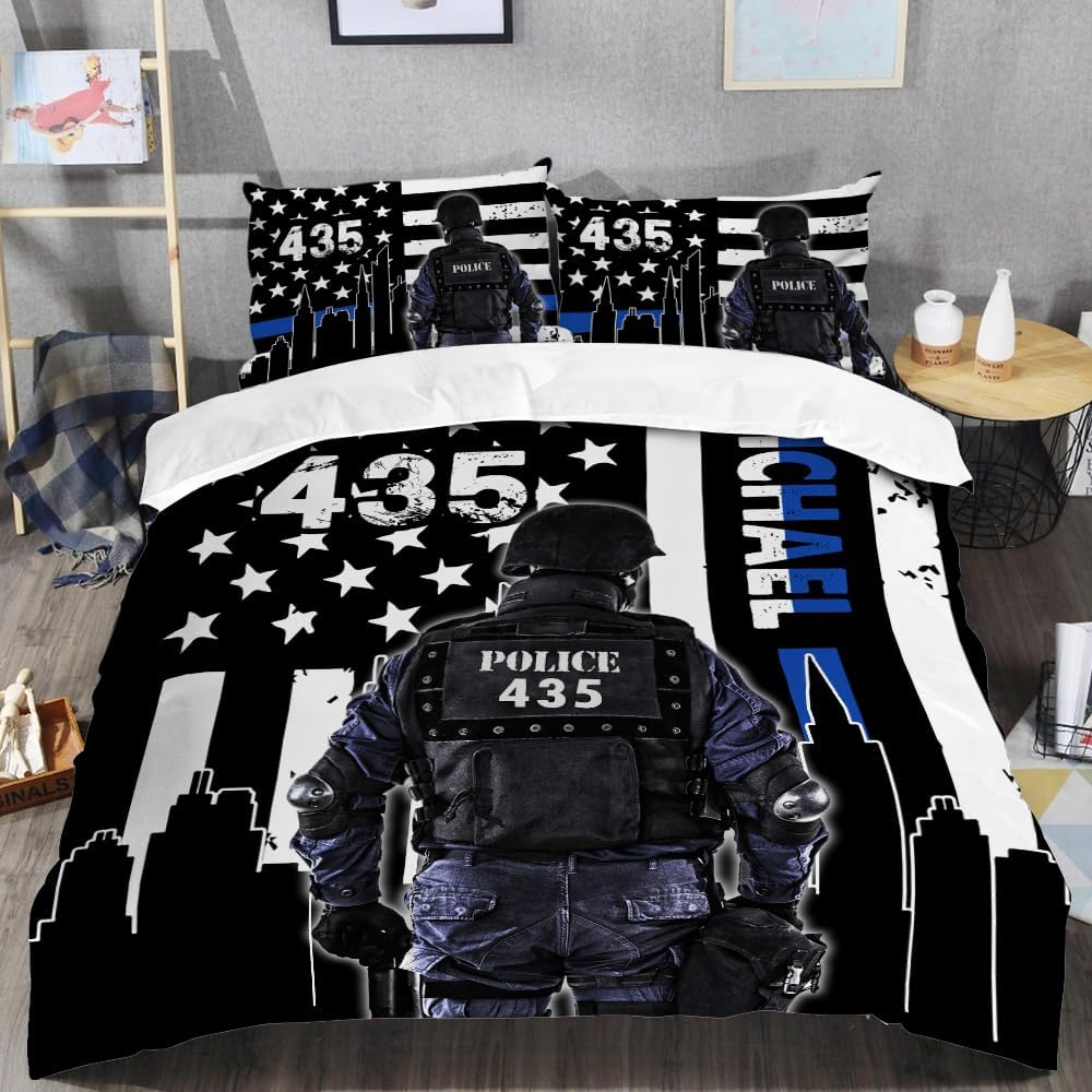 Personalized Police & City Bedding Set, Police Blue Line Flag Patriotic Bedding for Men Soft Lightweight Twin Full Queen King, Gifts for Policeman Officers