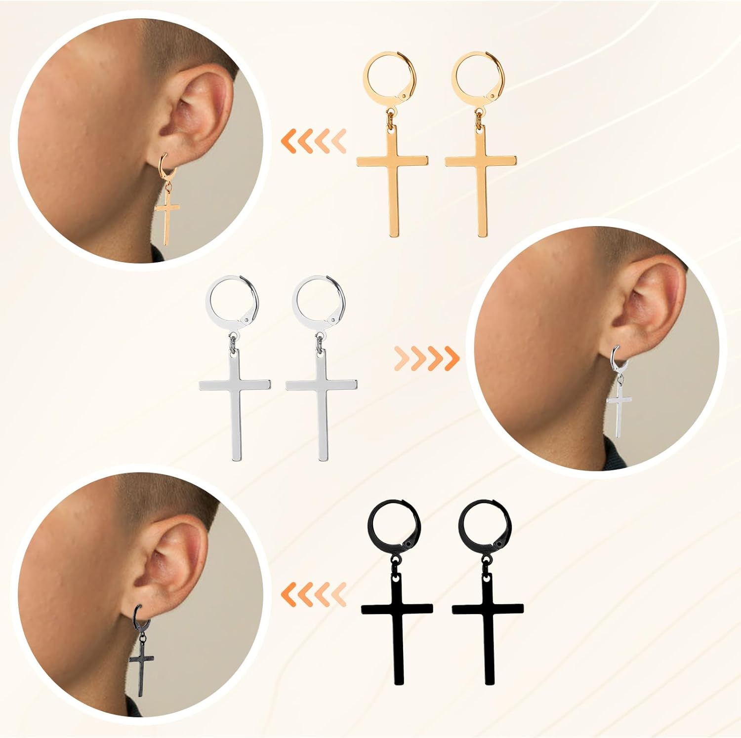6 Pairs Cross Earrings, Stainless Steel Pendant Cross Earrings Trendy Simple Hoops Dangle Earrings for Men Women Jewelry Gift (Silver, Black, Gold) - Image 4