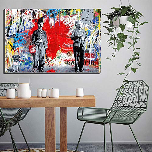 Tableau Graffiti Chaplin et Einstein pour Décoration Murale Salon Moderne