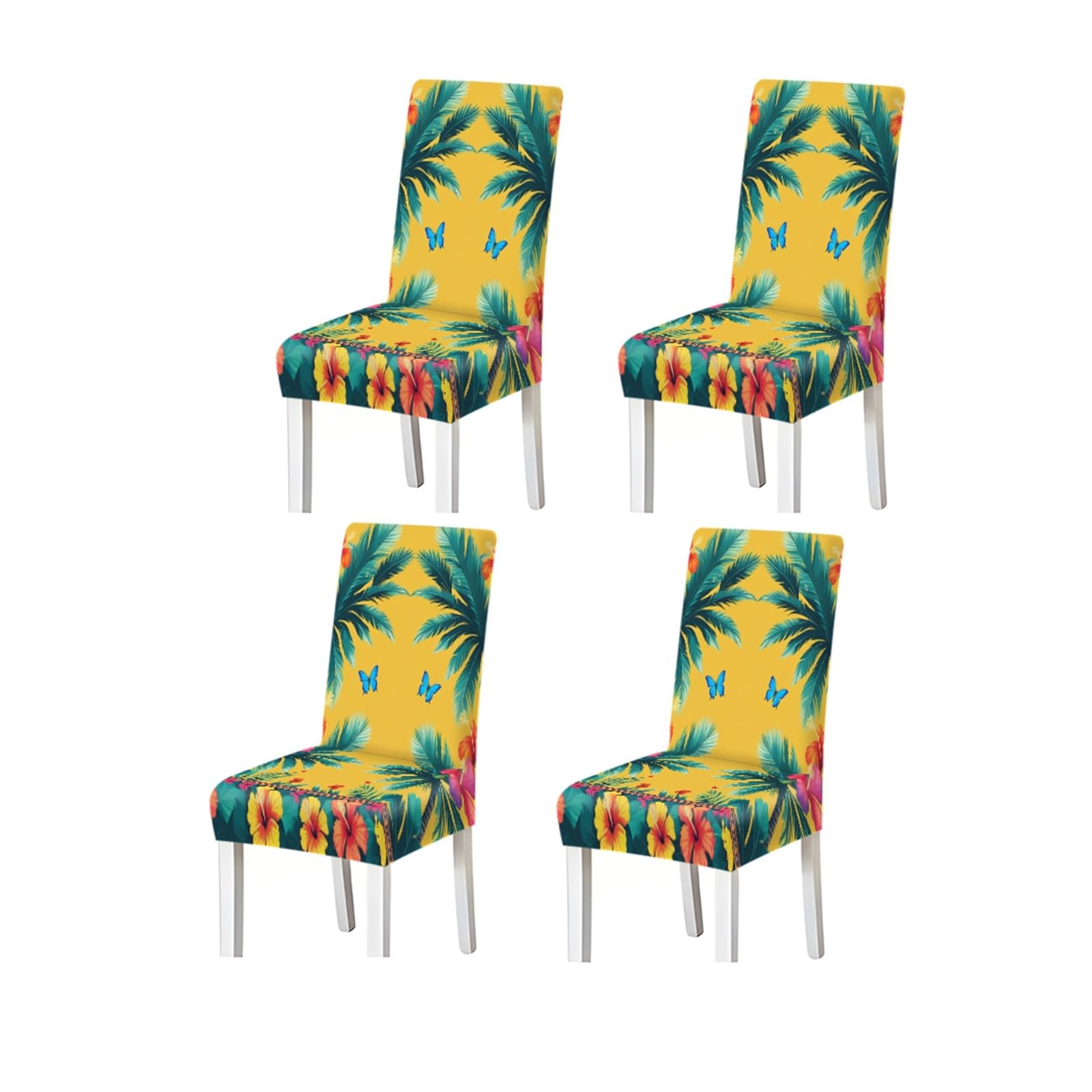 KXUAUV Tropical Yellow Palm Leaf Dining Chair Covers Set Of 2/4/6, Stretch Hibiscus Floral Chair Slipcovers For Kitchen Dining Room Seat Protectors for Restaurant Hotel Party(4PCSChair cover)