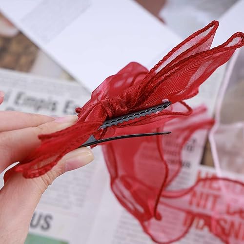 Miniatura 5 de Allereyae Clip de pelo de lazo largo de seda vintage con lazo de malla para la cabeza accesorio de seda para mujeres y niñas rojo