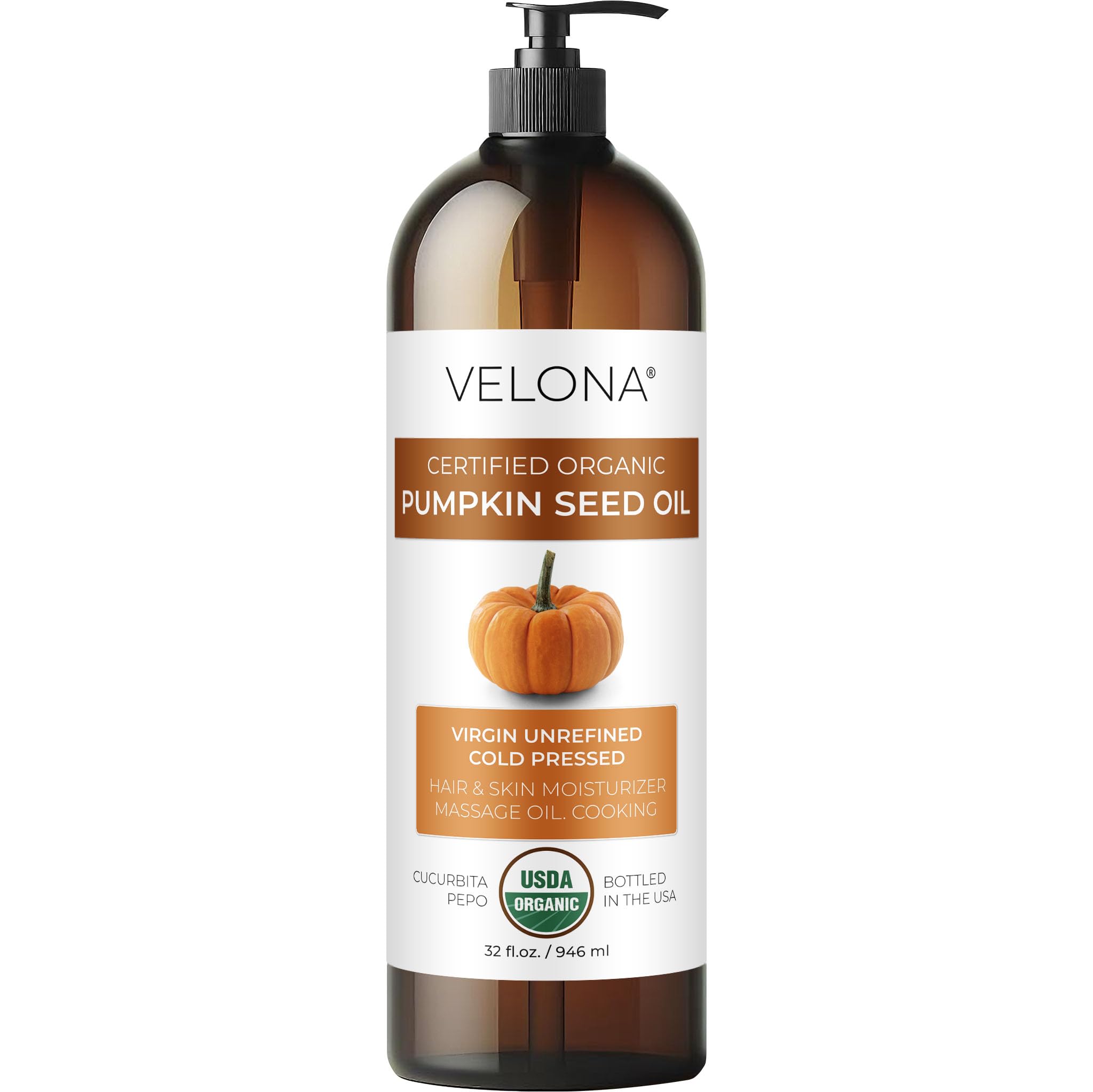 velona Pumpkin Seed Oil USDA Certified Organic - 32 fl oz | 100% Pure and Natural Carrier Oil | Unrefined, Cold Pressed | Cooking, Face, Hair, Body &