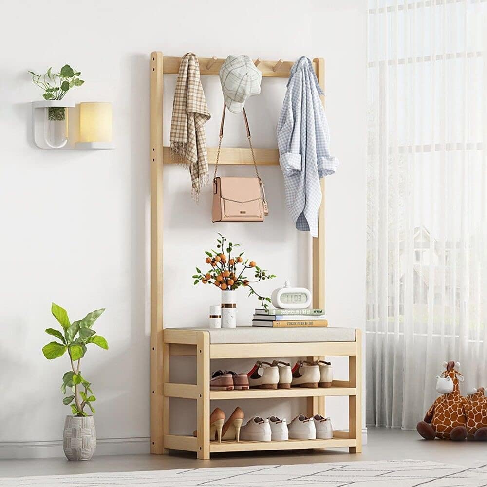 MYUYEE Coat Rack, Wooden Coat Rack With Shoe Racks, 3 Shelves And 5 Removable Hooks, Freestanding Stable Coat Rack With Bench For Hallway Entrance Area, 84X31X172.5Cm(84X31X172.5Cm A-A)