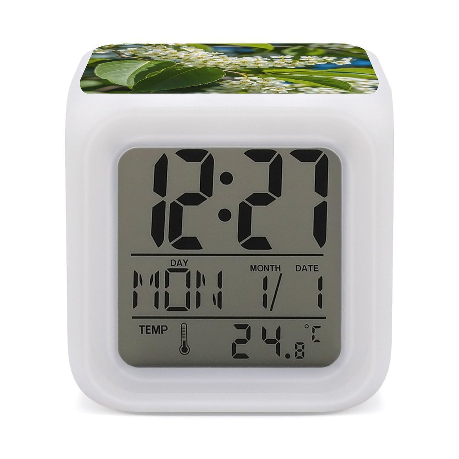 LZQPOEAS Bird Cherry in Bloom Alarm Clock Desk Clock with 7 Color Changing Night Light Digital Clocks with Temperature Display Sleep Training and Sound Machine for Heavy Sleeper