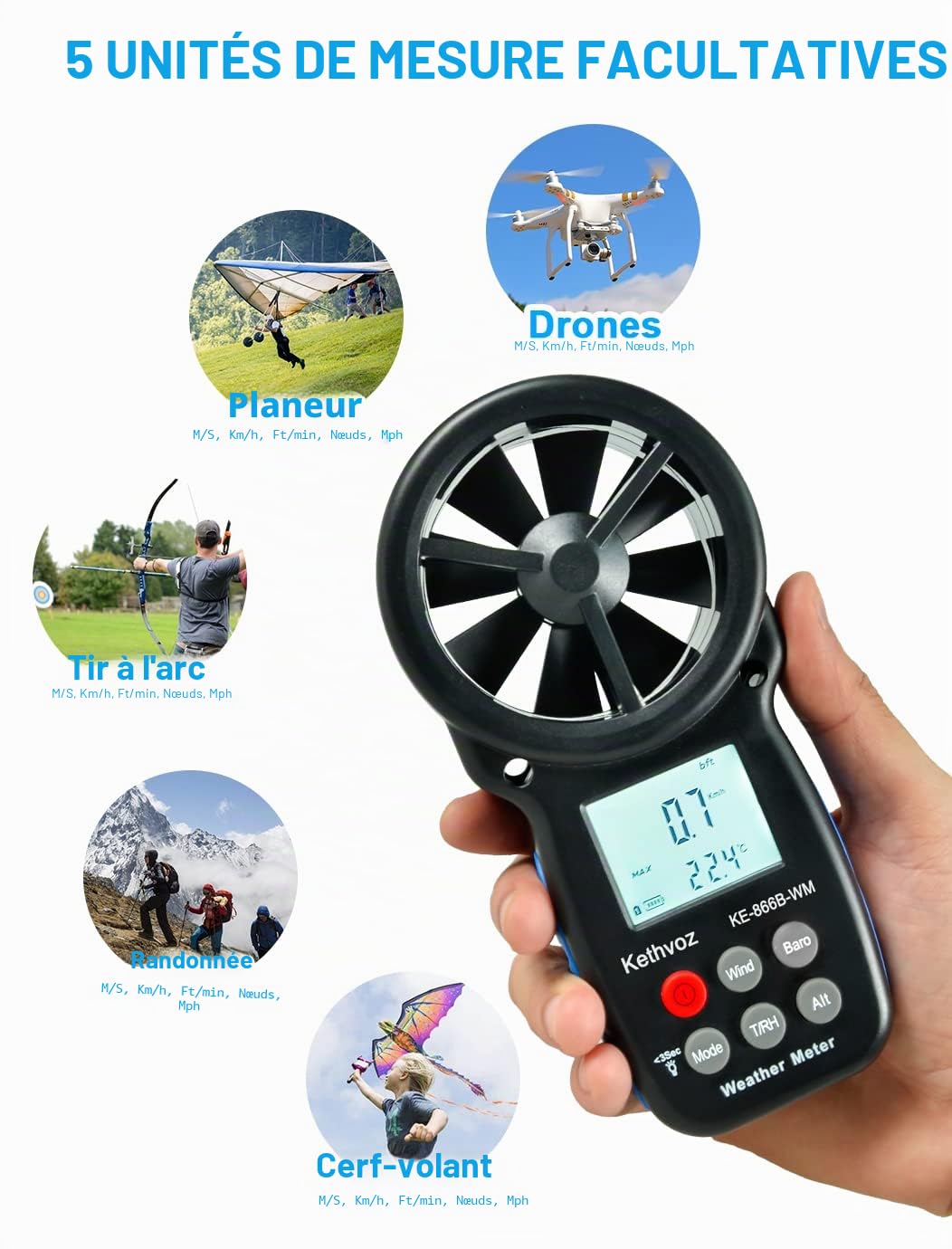 Kethvoz Anémomètre Numérique, Anemometer Portable avec Baromètre Altimètre Mesure Vitesse du Vent Température Humidité Altitude pour Drone Randonnée Escalade VMC Air Balance KE-866B-WM