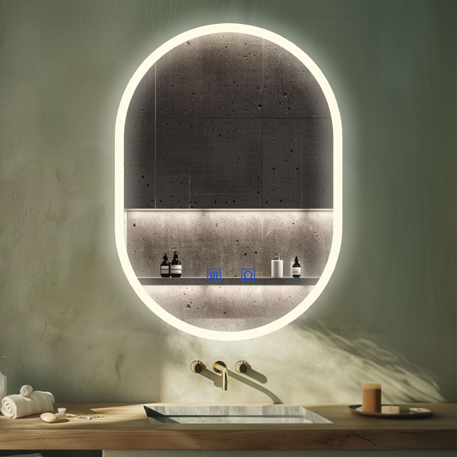 MAERTS-E Oval LED Bathroom Mirror 600x800mm Vertical or Horizontal 2 Touch Buttons Separate for 3 Lights Temperature Brightness and Demister Wall or Touch Switch Control