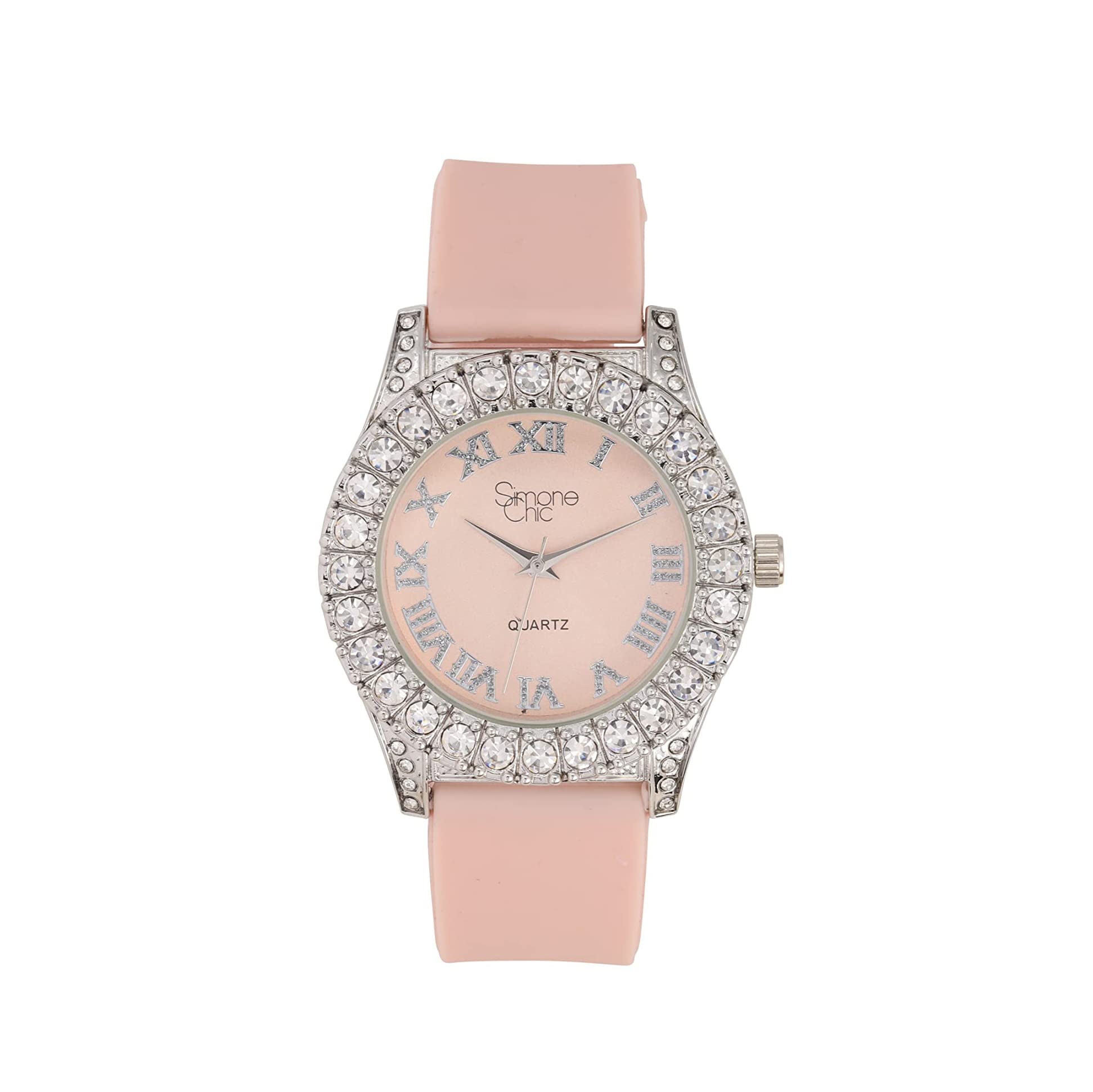 Simone ChicWomen's Big Rocks Diamond Iced Out Crystals Bezel Colored Dial w/Easy Reader Roman Numerals Colorful Rubber Band Perfect Bling-ed Out Watch - ST10357LA