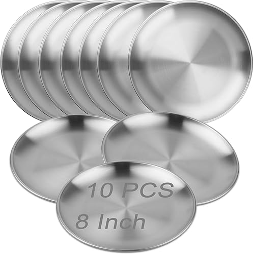 10 platos grandes de acero inoxidable de 8 pulgadas, platos redondos de metal para cena de 7.8 pulgadas, platos de carne de ensalada de metal,