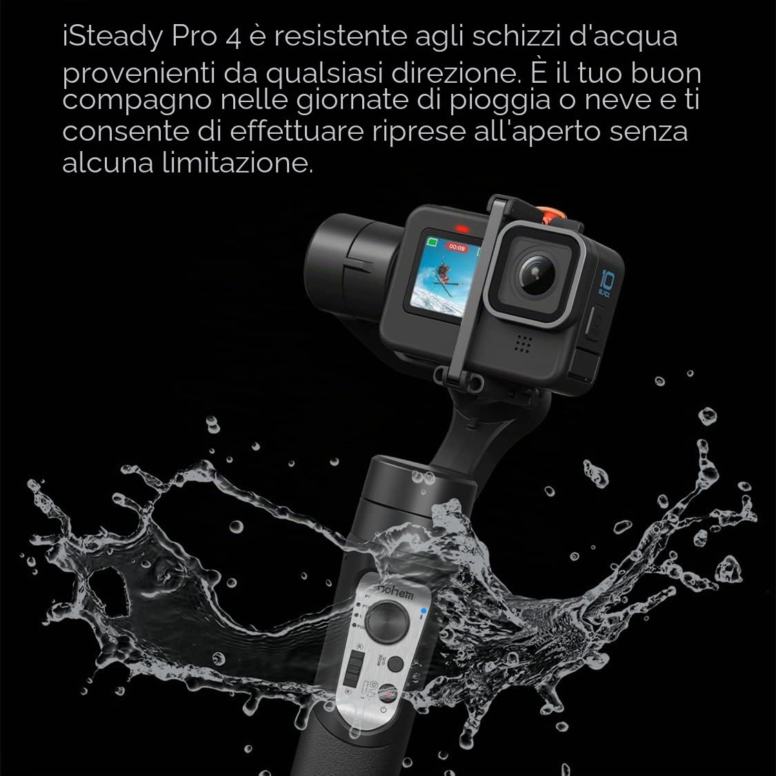 Hohem iSteady Pro 4 Fotocamera d'azione Gimbal 3-Asse Stabilizzatore antispruzzo per GoPro Hero 13/12/11/10/9/8/7/6/5/4/3,DJI OSMO Action,Insta360 ONE R,Sony RX0,Montaggio rapido,14 ore di autonomia