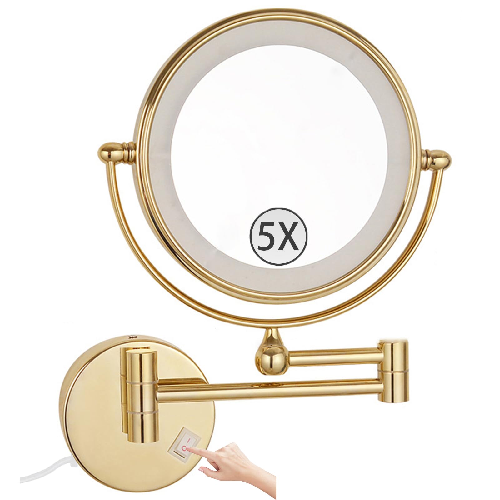 Lustro ścienne do makijażu ze światłami, 2-stronne podświetlane lustro powiększające, lustro łazienkowe obracane o 360 stopni, składane, LED, złoto, 5x, wtyczka