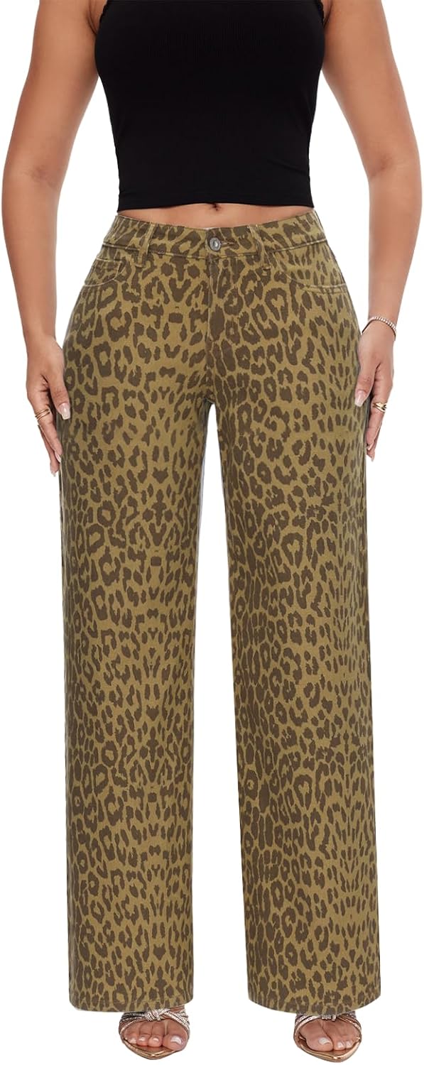 ONESO Mid-Low Rise Baggy Jeans Wide Leg for Women Distressed Pants Stretchy Bottom Lady Basic Comfortable Denim