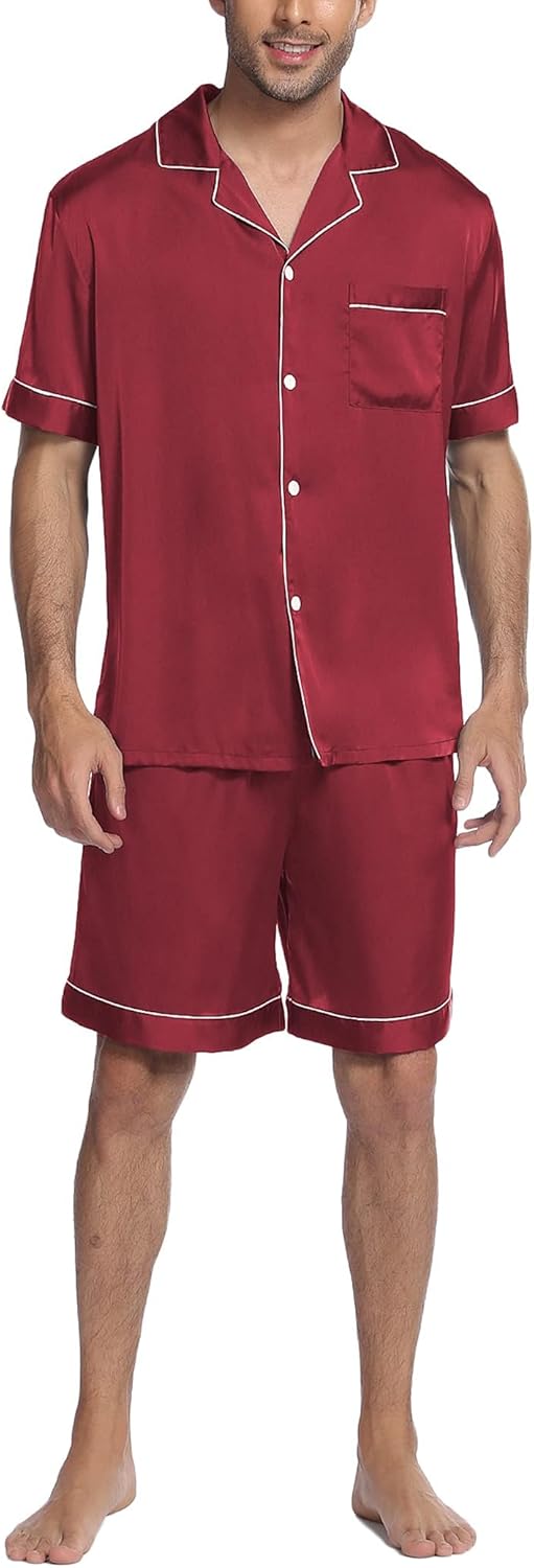 Ekouaer Mens Satin Pajamas Set Button-Down Short Sleeve Shirt Top Soft Silk Sleepwear Shorts with Pockets - Image 5