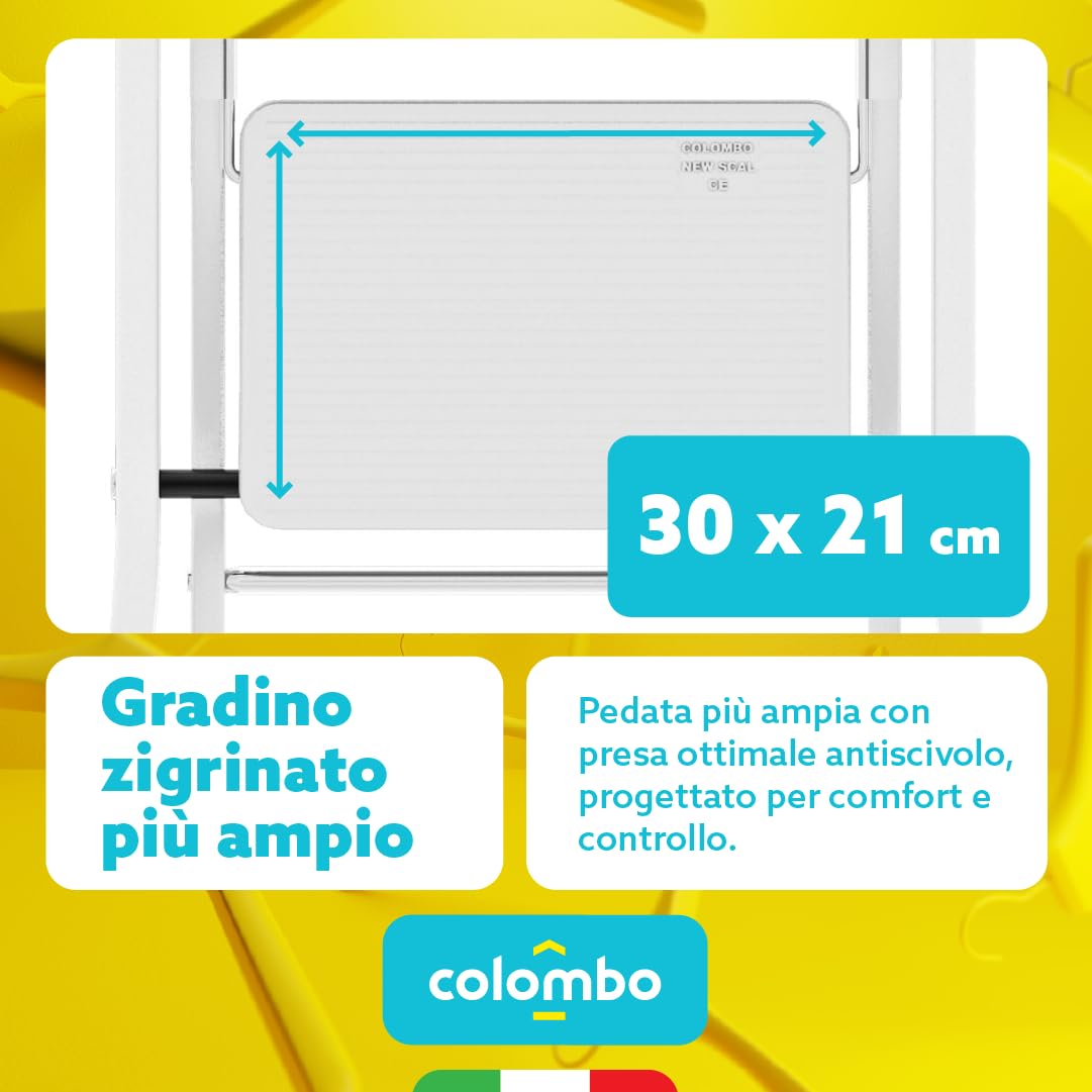 Colombo Scaletta Pieghevole 3 Gradini Factotum | Scala Richiudibile Domestica Salvaspazio in Acciaio con Gradini Antiscivolo Extra Larghi e Piedini in Gomma, Robusta e Sicura | Made In Italy