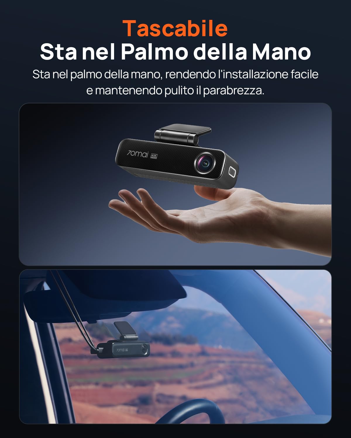 70mai Dash Cam Auto 4K M800 Anteriore e Posteriore, STARVIS 2 IMX678 Super Visione Notturna e Apertura F1.7, Doppio HDR, Supporto 4G LTE e Wi-Fi 5GHz, eMMC da 128 GB Integrata, GPS, Controllo Vocale