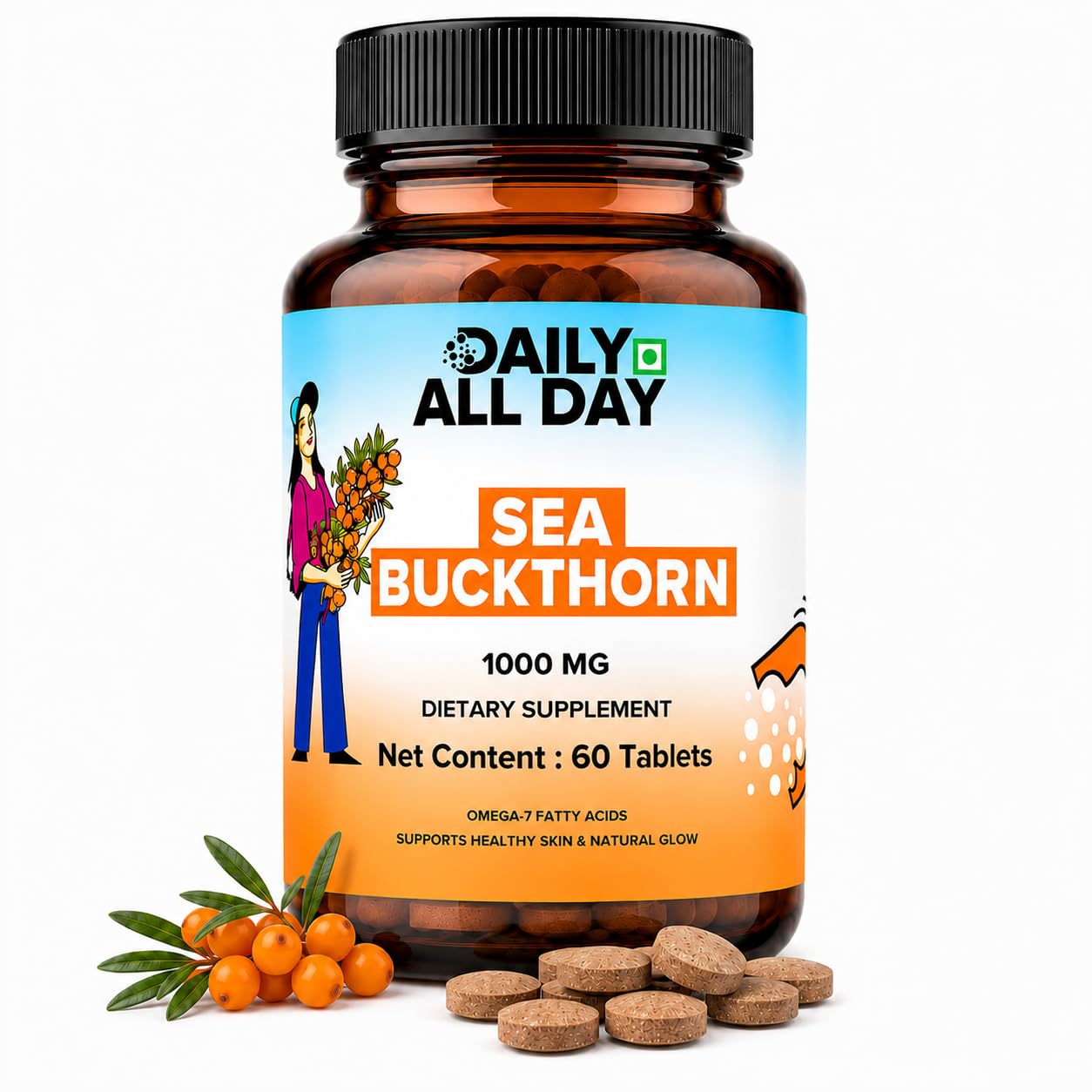 Daily All Daily Sea Buckthorn Omega-7 Tablets 1000mg Vegan Plant-Based Omega 3-6-7-9 & Antioxidants for Skin, Hair & Nails, Berry Extract Superfruit, 60 Vegetarian Tablets, Non-GMO.