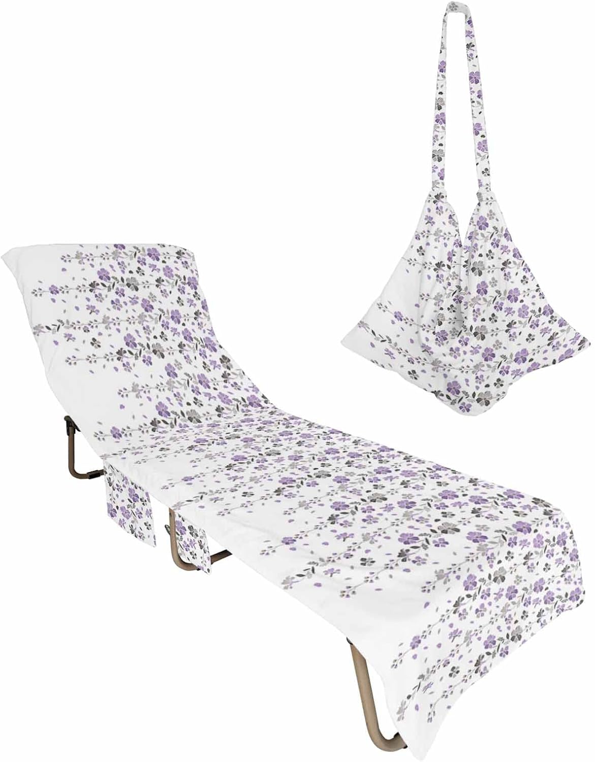 Purple Floral Beach Pool Patio Lounge Chaise Chair Cover Towel With Pockets,Absorbent & Quick Dry Microfiber Towel Cover Bag Summer Accessories for Sunbathing Summer Fall Grey Plant Floral White