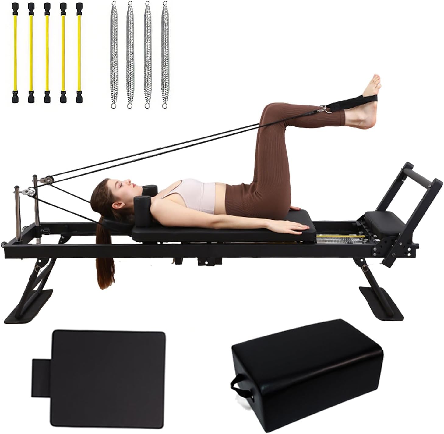Générique Réformateur de Pilates, Machine de Pilates Pliable, Ensemble Lit avec Double Résistance, Ressort, Cordon et Tremplin pour Utilisateurs Avancés et Débutants,Black-20box