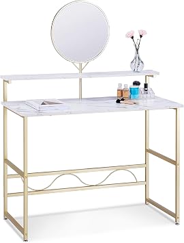 ivinta Vanity Desk with Mirror and Storage Hutch, Makeup Vanity Table with 2 Open Storage Shelves for Bedroom Living Room 4576 White