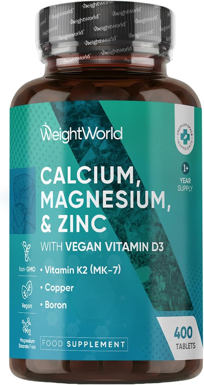 WeightWorld Calcium, Magnesium, Zinc and Vitamin D Supplement | 1+ Year Supply | 400 Vegan Tablets | Calcium Tablets with Vitamin K2, Vitamin D, Copper & Selenium | Magnesium Stearate-Free