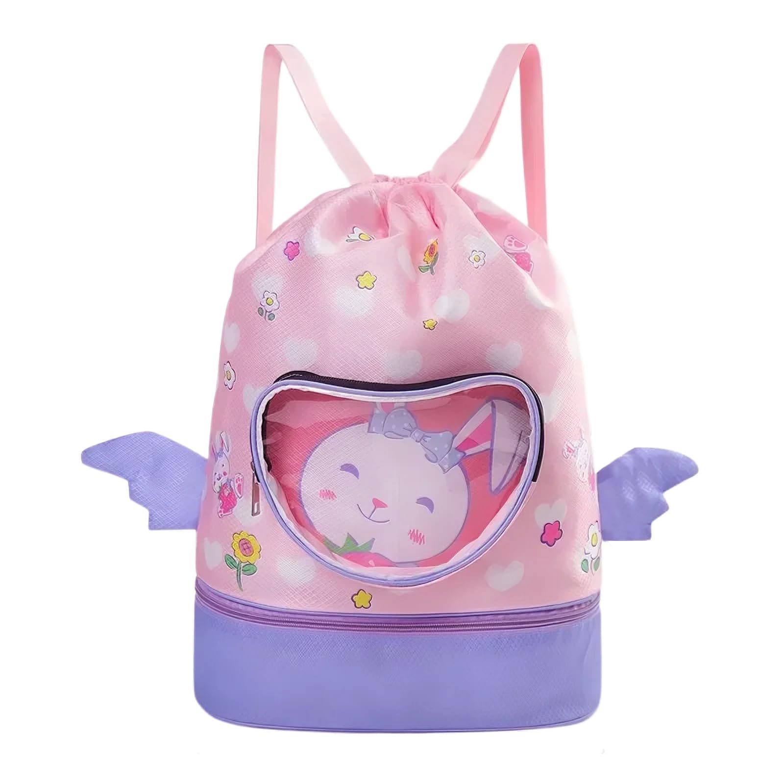 iYuening Swimming Bag for Kids, Drawstring Sports Gym Bag with Swimming Goggle Bag，Shoe Storage and Dry-Wet Separation (Rabbit)