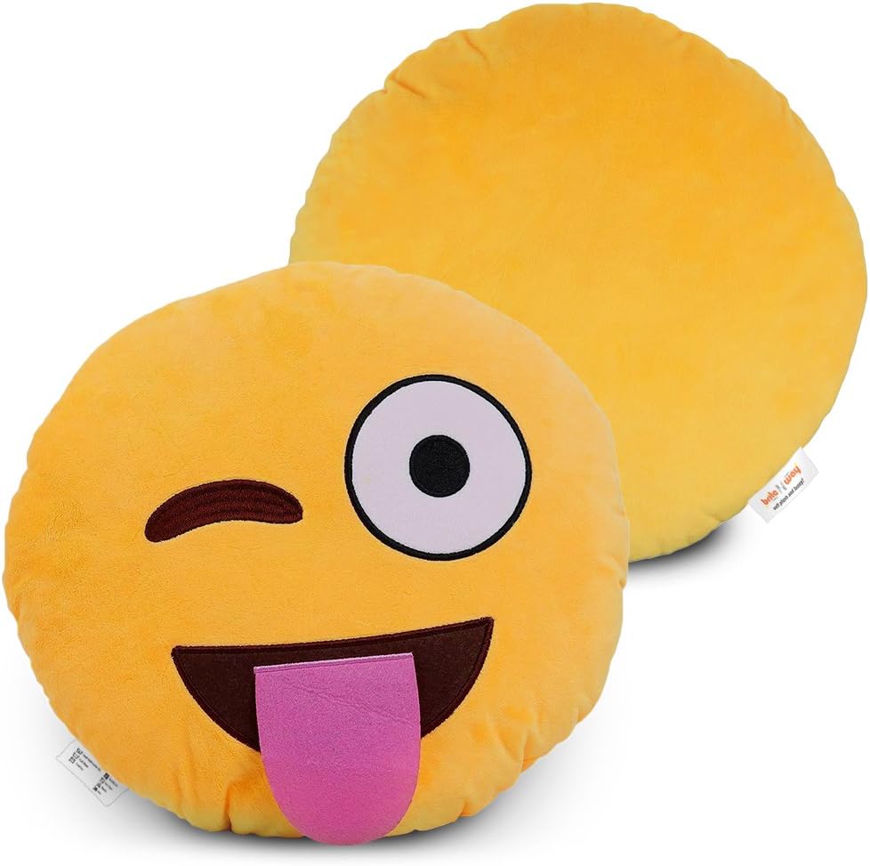 BRITENWAY Emoji Pillow (Sticking Tongue w' Winking) Cartoon Wink Face - Yellow Stuffed Cute Soft Plush- Set of All Collection - Perfect Fun Item - All Ages - House, Living Room, Sleep Bedroom