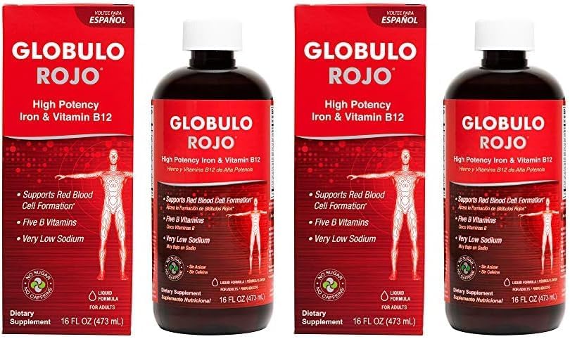 Globulo Rojo Suplemento dietético líquido con hierro de alta potencia y vitaminas B (veganas), 16 onzas líquidas (16.0fl oz) (paquete de 2)