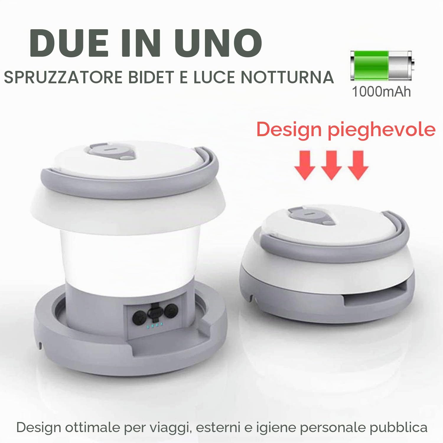 Bidet Elettrico Portatile da Campeggio Ricaricabile Con Luce, Lanterna, per Disabilità, Ospedali, Anziani, Bambini, Escursionismo, Pesca (2 in 1 +