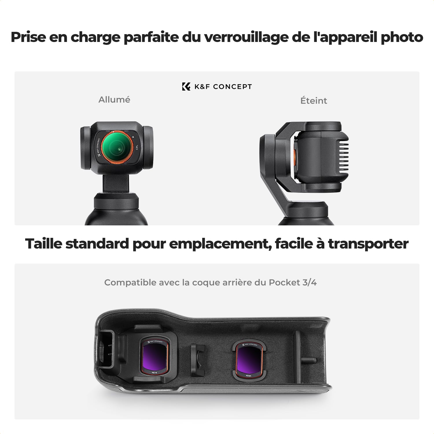 K&F CONCEPT FD161 Kit de filtres Compatible avec DJI OSMO Pocket 3/4, HD CPL ND16 ND64 ND256 Creator Combo Accessoires Magnétique Filtre polarisant à densité Neutre Verre Optique Cadre en Aluminium