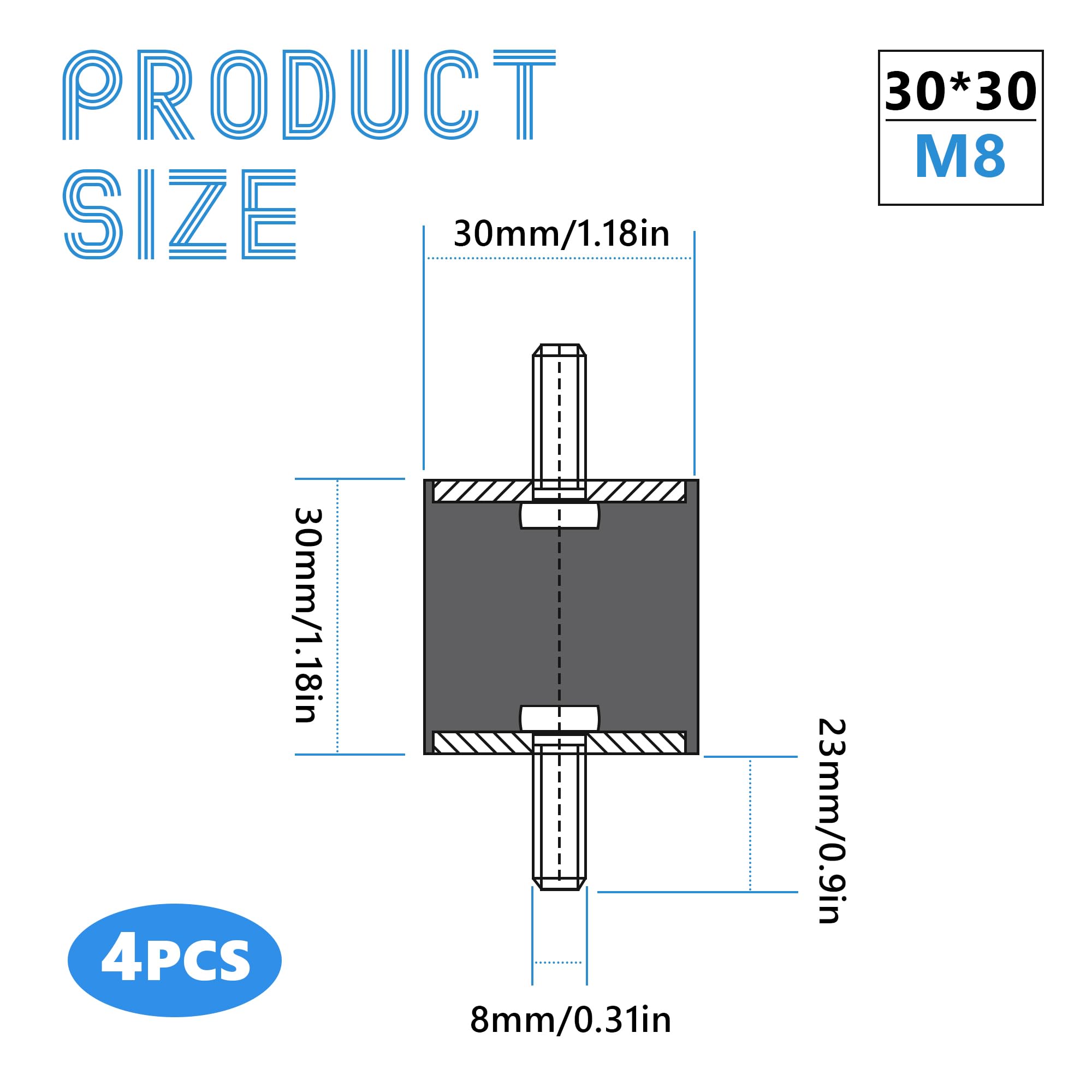 4 Ammortizzatori Gomma M8x23mm - Supporti Antivibranti 30x30mm Per Macchinari - Foto 3