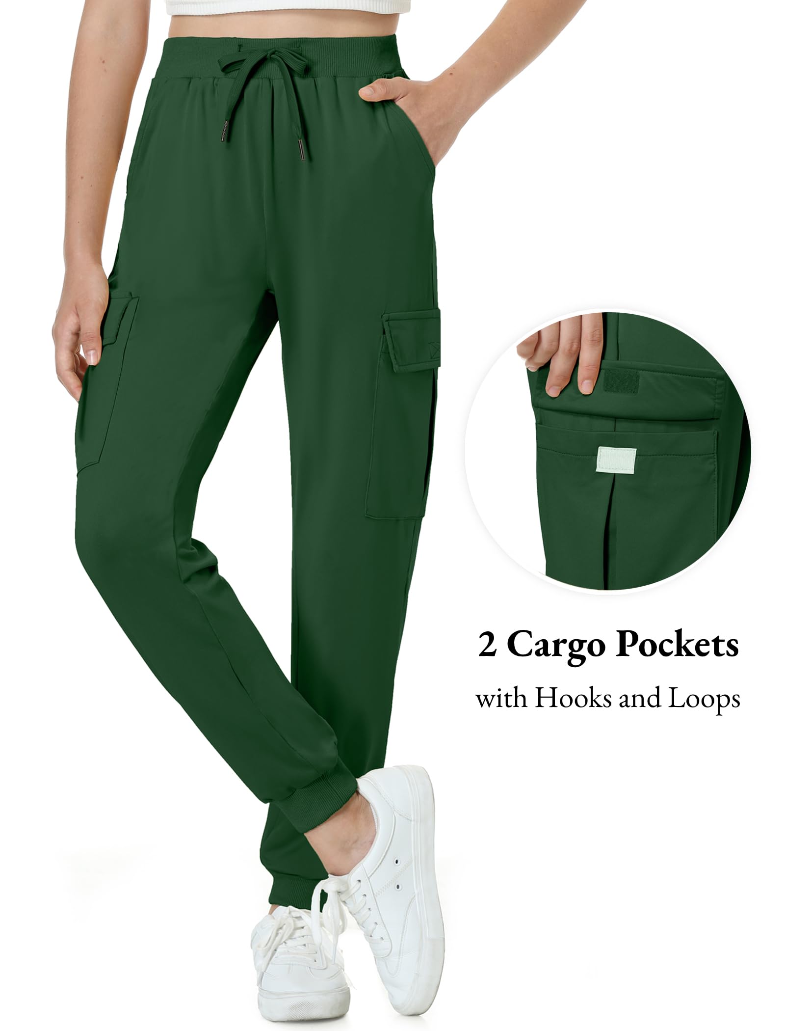 EXARUS Pantalones cargo para niñas, pantalones deportivos ajustados con bolsillos con cremallera, secado rápido, ligeros, con cordón, cintura alta, 8-14 años