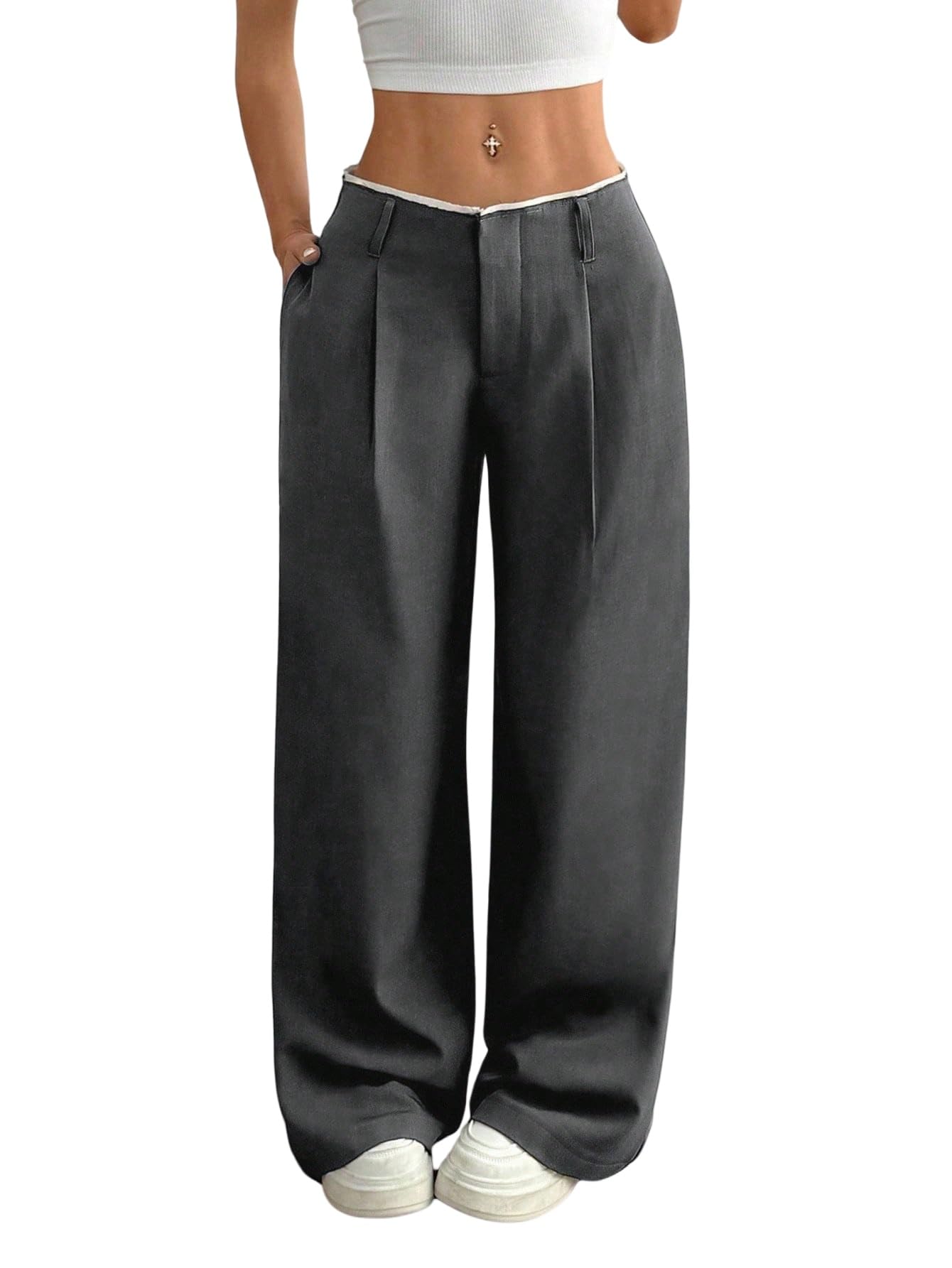 GORGLITTER Pantaloni da donna eleganti e dritti con tasche, a vita bassa, larghi, per il tempo libero, per l'ufficio
