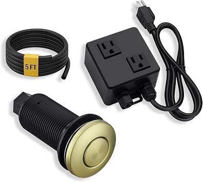 BESTILL Garbage Disposal Air Switch Kit with Dual Outlet - UL Listed, Anti-Fingerprint Brushed Gold 3.6" Long Sink Top On/Off Push Button, Brass Made Cover, Compatible with Disposer and Dishwasher