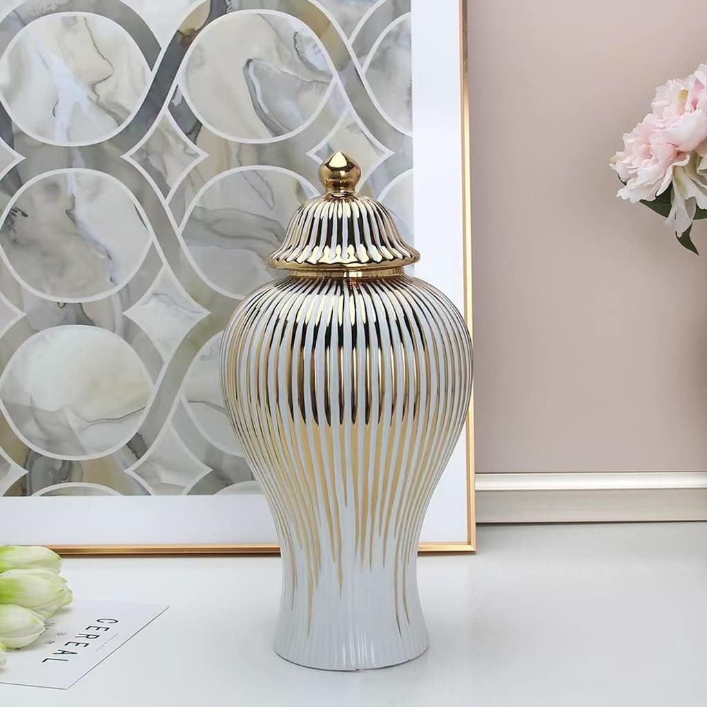 Ceramiczny słoik imbirowy z pokrywką - retro porcelanowy słoik na świątynię do dekoracji biura domowego, biały i złoty wzór w paski