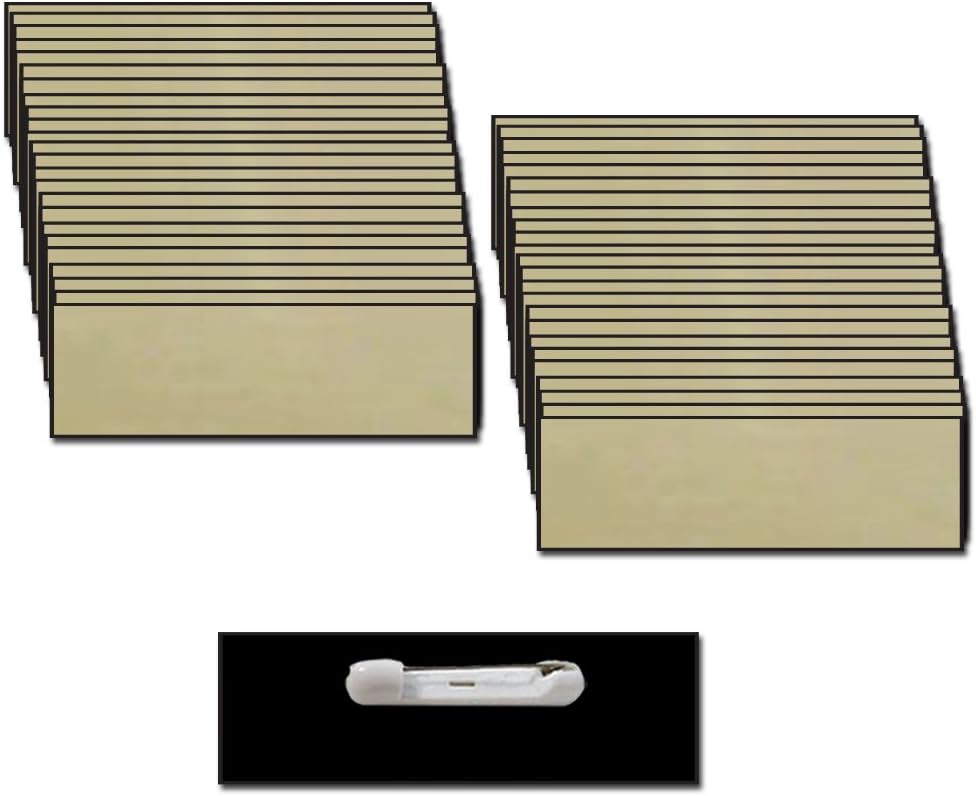 Name Badges with Pin Fastener - 50pk Kit Includes Crystal Clear Labels - Gold/Blk Blank Plastic Name Tags with Beveled Edges 1" X 3"