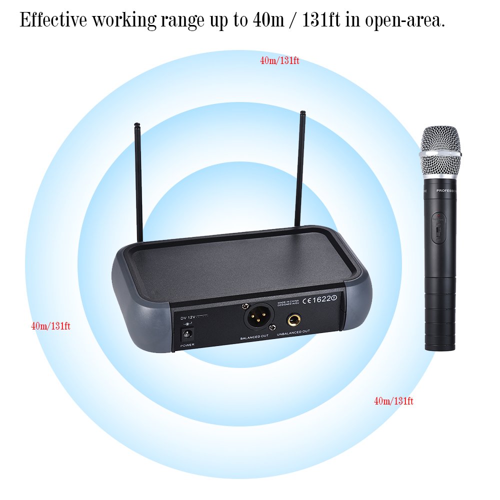 Microfono Palmare Wireless VHF A Doppio Canale Con Funzione Eco 2 Microfoni E 1 Ricevitore 210-280MHz Distanza di Lavoro 40 Metri Cavo Audio Da 6,35 Mm Per Karaoke Festa In Famiglia