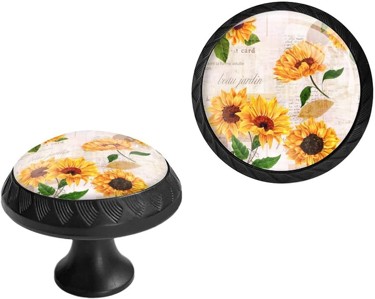 6 Pack Black Drawer Pulls Knobs,Sunflowers Cabinet Knobs Glass Dresser Knobs for Kitchen Bathroom Hardware
