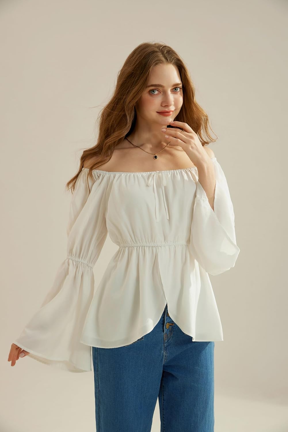 Scarlet Darkness Renaissance Shirt Women Off Shoulder Bell Sleeve Tops Pirate Peasant Blouse - Image 3