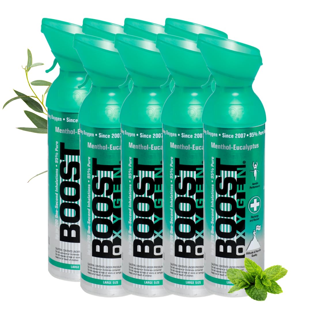 Boost Oxygen Eucalipto 9L (8 Pack) | Bomboletta di Ossigeno Puro al 95% Portatile per Recupero, Concentrazione e Energia