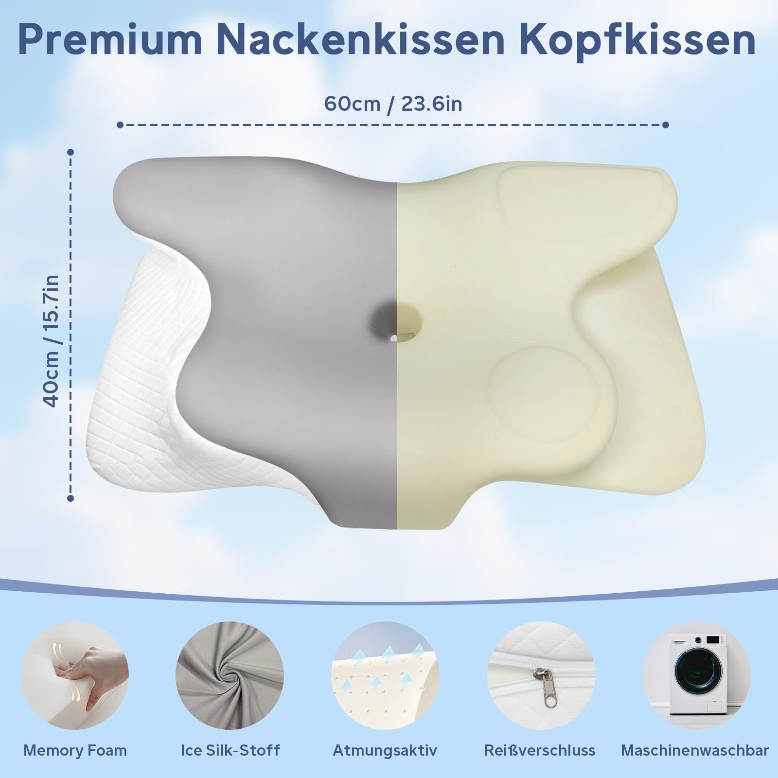 Almohada cervical de espuma viscoelástica para el cuello, almohada ergonómica para los lados, la espalda y el estómago, almohada ortopédica, suave y cómoda (60 x 40 x 13 cm, gris)