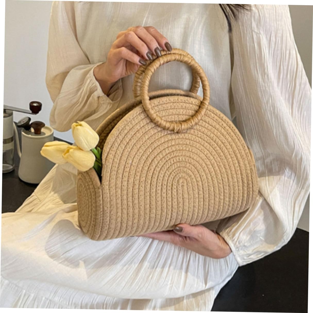 VILLCASE Borsa Intrecciata in Corda di Cotone per Donna, Grande Capacità, Stile Rustico, per Spiaggia e Picnic, Design Delicato e Resistente