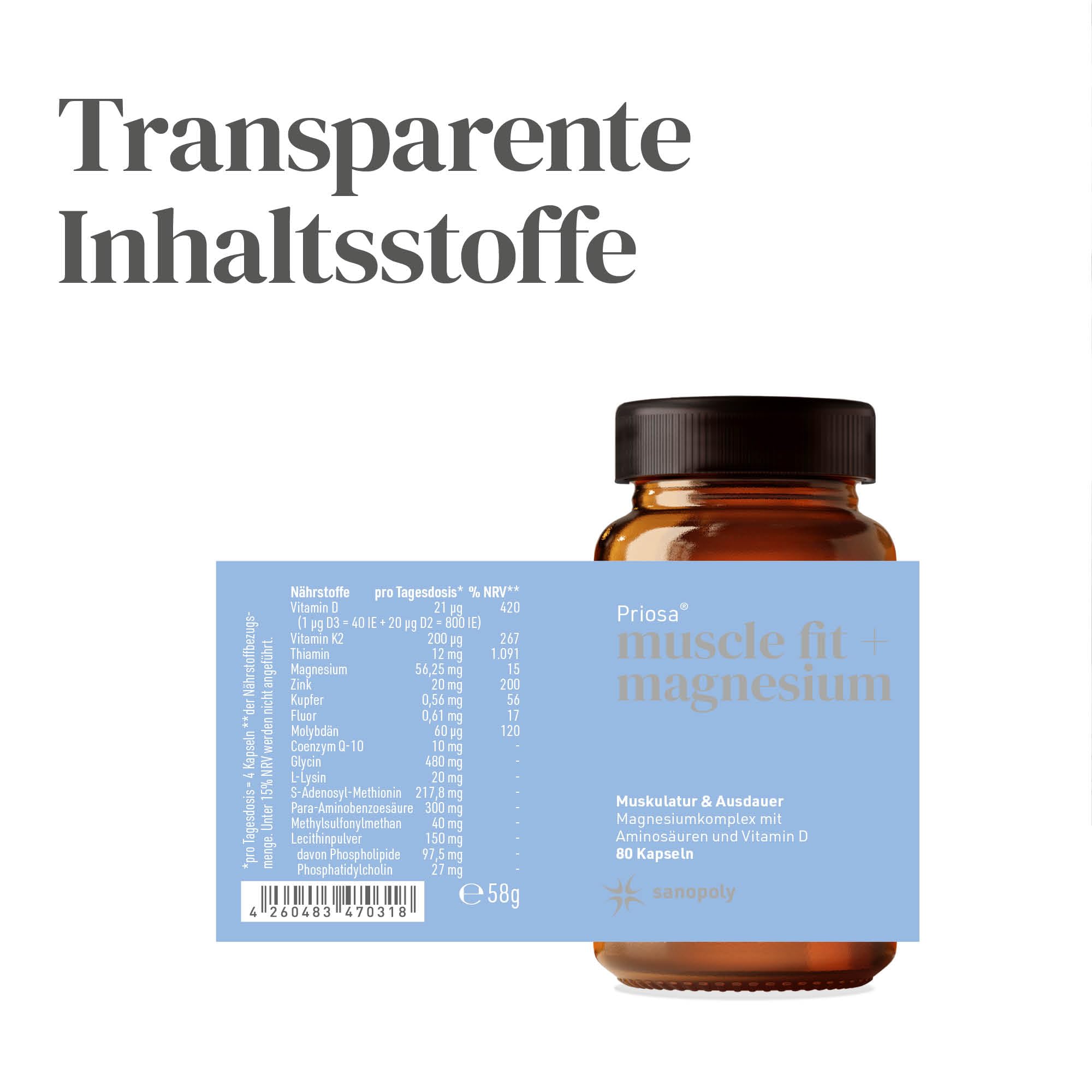 Priosa Muscle Fit + Magnesium Komplex - 80 Kapseln | Synergetische Mischung aus Magnesium, Aminosäuren, Vitaminen & CoEnzymen | hilft bei Muskelkrämpfen | Vegan, Ohne Zusatzstoffe