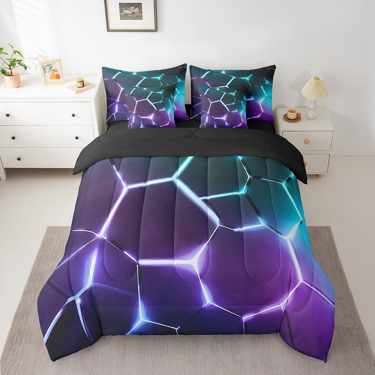 Feelyou Honeycomb Bed in a Bag Set, 7-Piece Hexagonal Ombre Blue Purple Bedding Twin Size, 2 Pillowcases, 2 Cushion Covers,1 Comforter, 1 Fitted Sheet, 1 Flat Sheet, All Seasons, Bedding