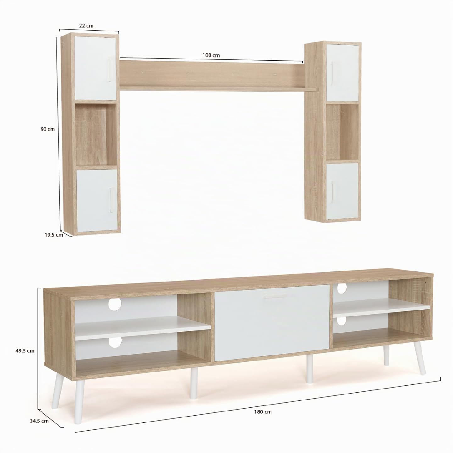 IDMarket - Conjunto de mueble de TV de 180 cm y estantes Houston de madera y blanco
