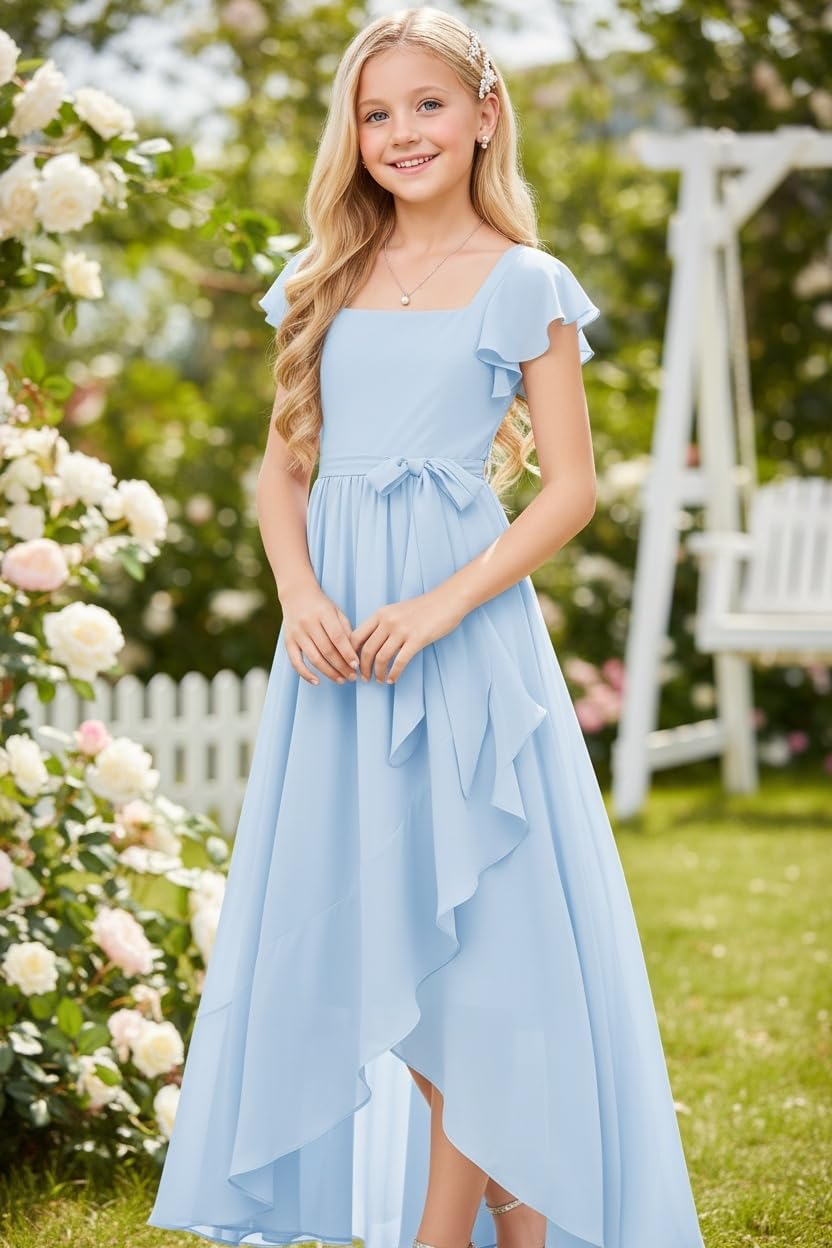 Short Sleeves Junior Bridesmaid Dress for Teen Girls Chiffon Flower Girl Dress for Wedding Party Pageant Gown
