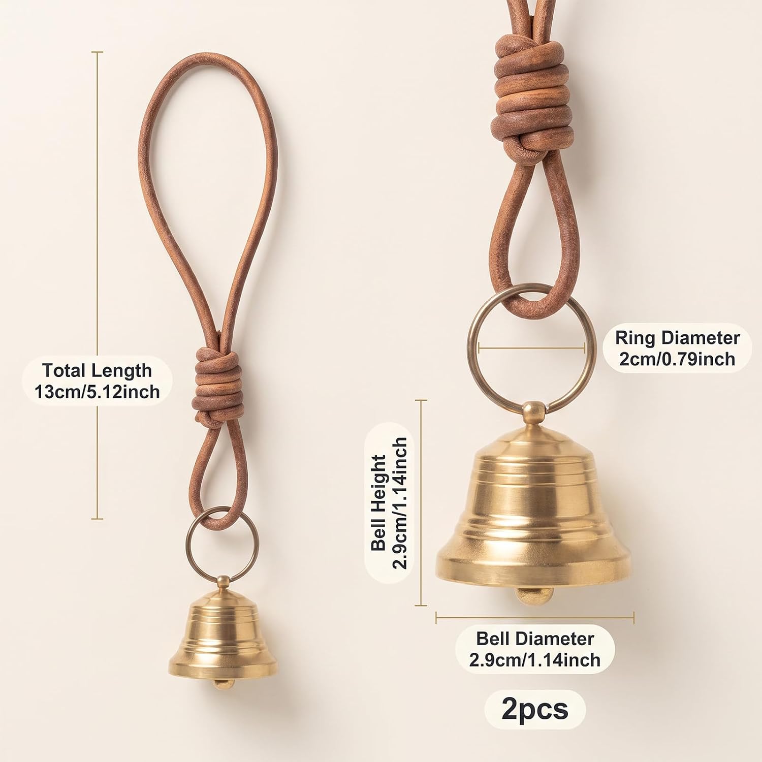 2PCS Brass Wind Chime Hanging Bells Door Decor with Leather Rope
