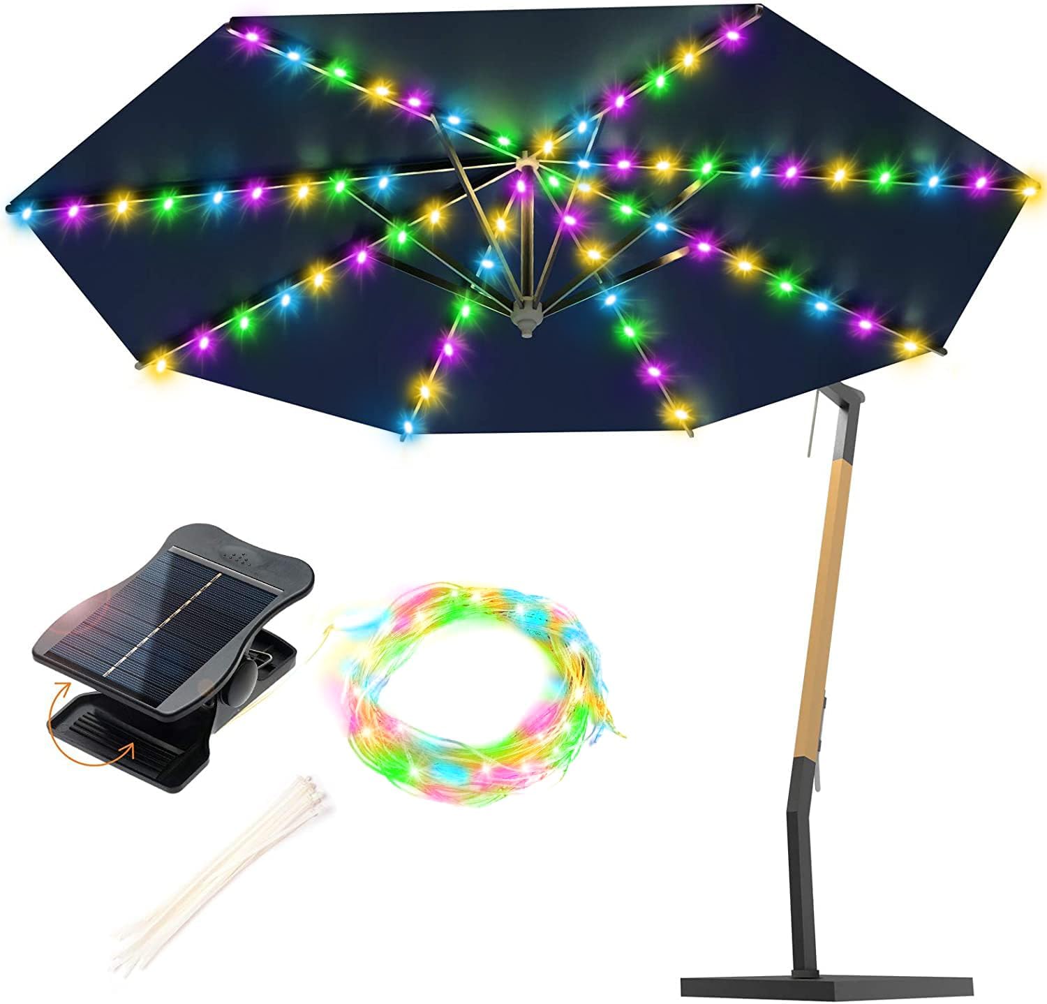 VOOKRY Solar Umbrella Lights Outdoor, Waterproof Solar Powered Patio Umbrella Lights 8 Strands Cordless 8 Modes LED Umbrella Patio Lights for Beach Tent Camping Garden Party Decoration(Multicolor)