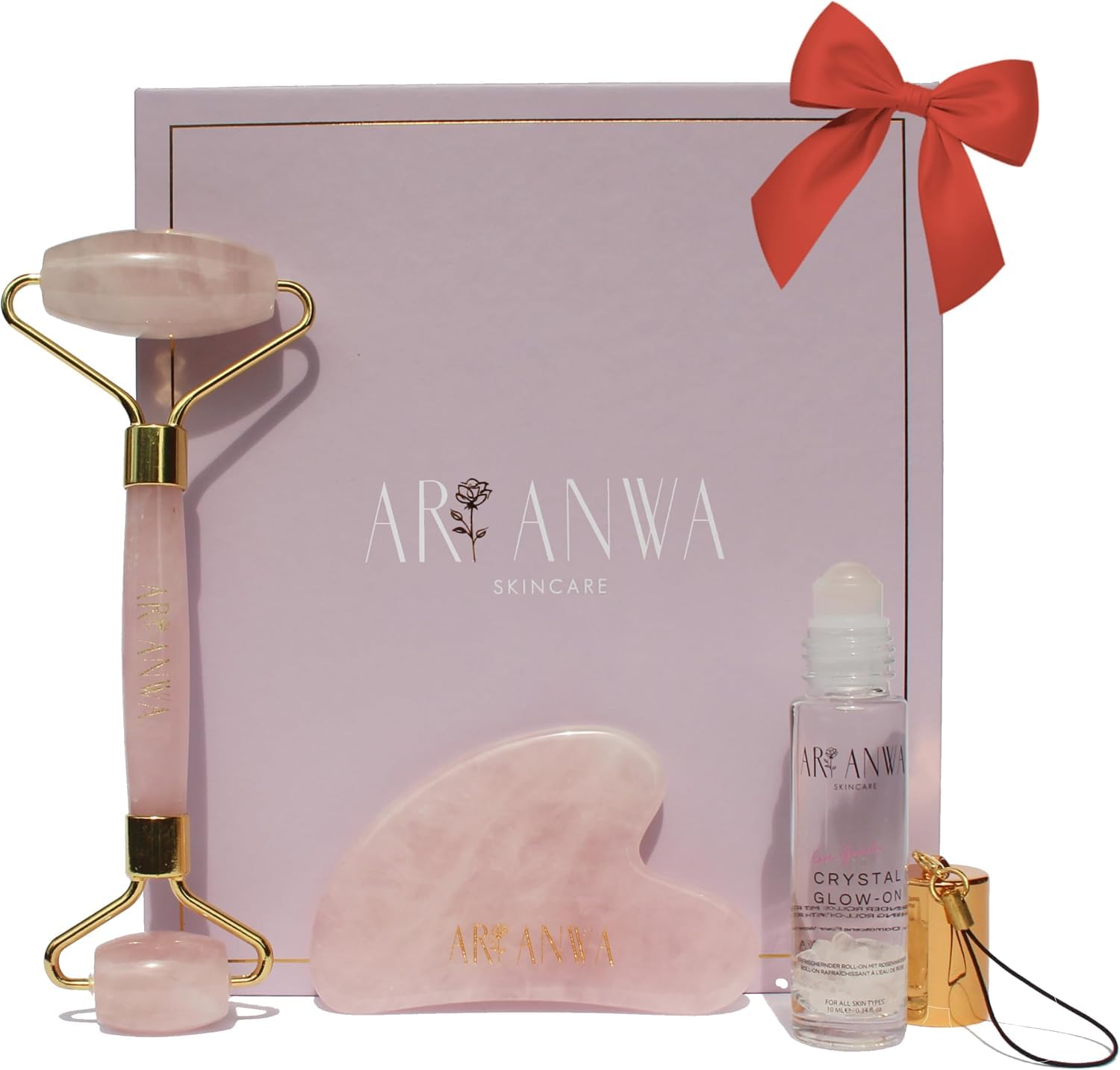 ARI ANWA Face Yoga Set – Gua Sha, Rosenquarz Roller & Roll On Rosenwasser