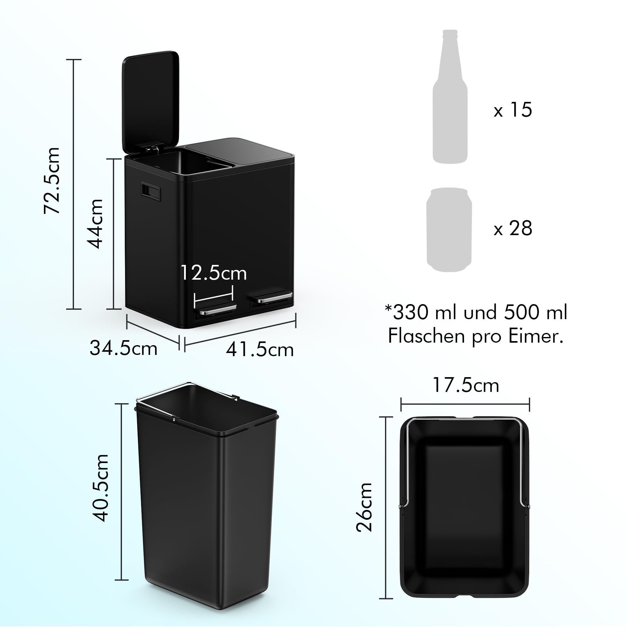 VonHaus Mülleimer 30L, Mattschwarz, Küchenmülleimer 2 Fächer, Doppelmülleimer 2 x 15L, Mülltrennsystem, Rutschfester Standfuß, Herausnehmbare Inneneimer, Luftdichter Abfalleimer